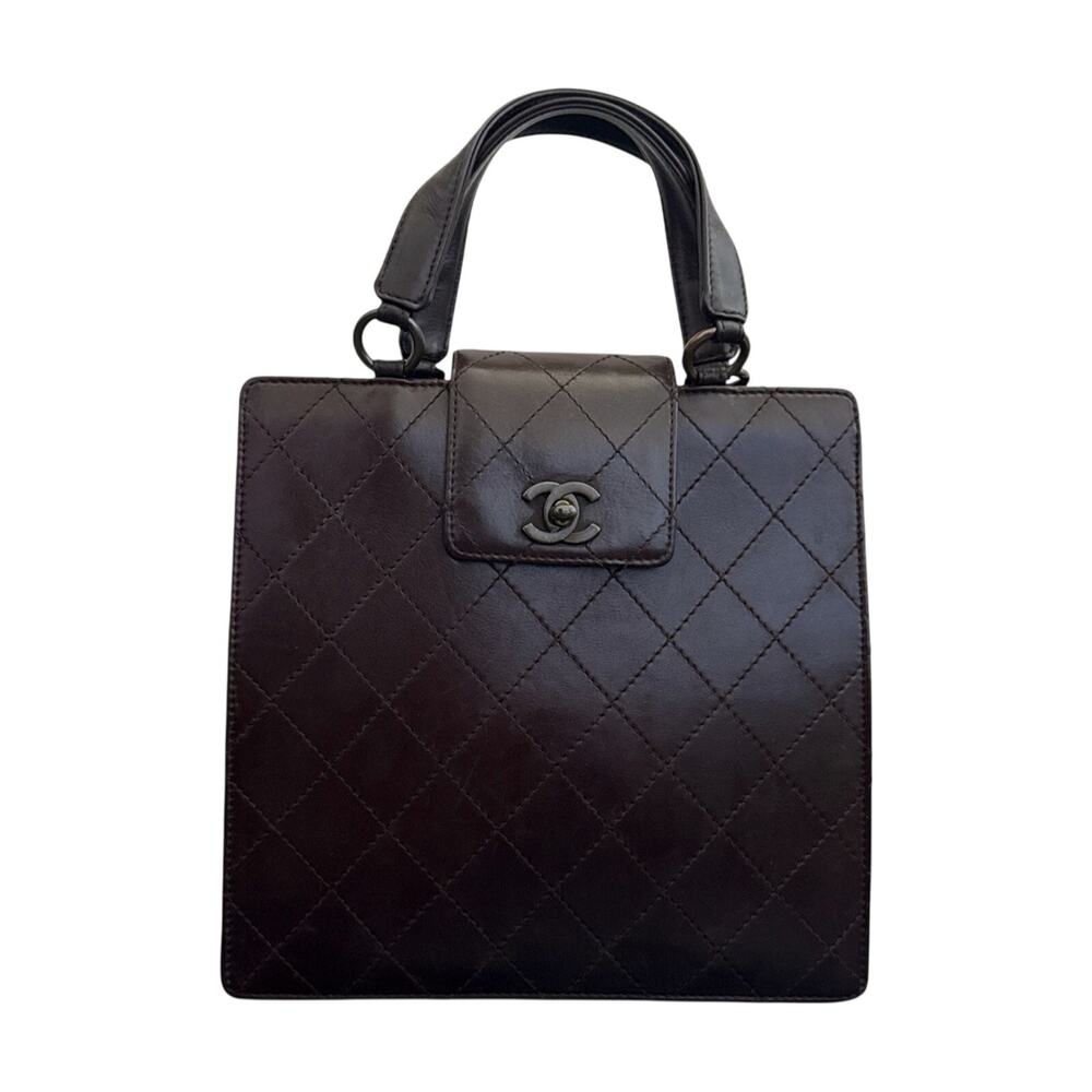 CHANEL Dark Brown Quilted Calf Leather Top-Handle Tote